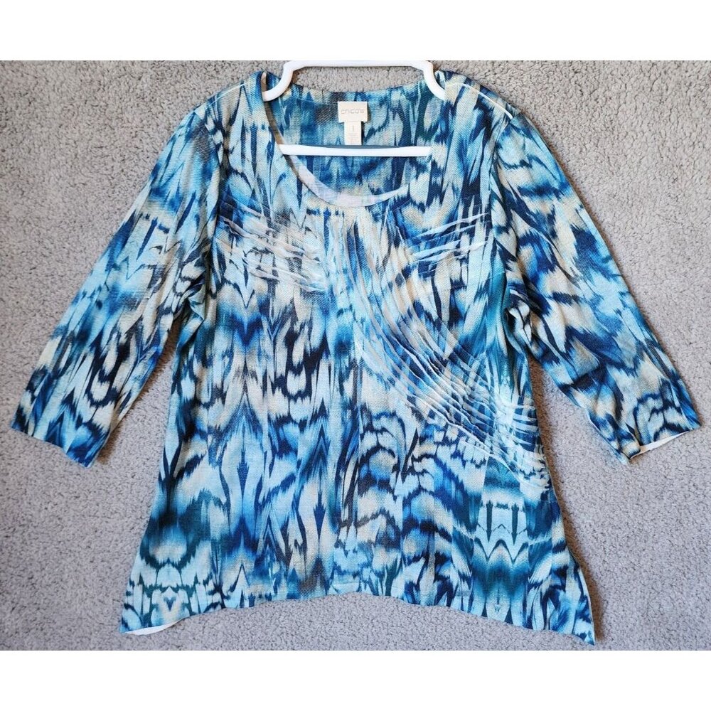 Chico's Women's 3/4 Sleeve Round Neck Blouse Top Blue Patterned Polyester Size M